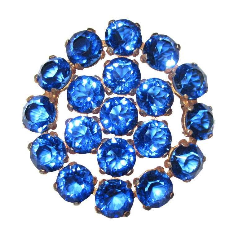 Large Round Brooch with Cobalt Blue Cut Crystal Stones For Sale