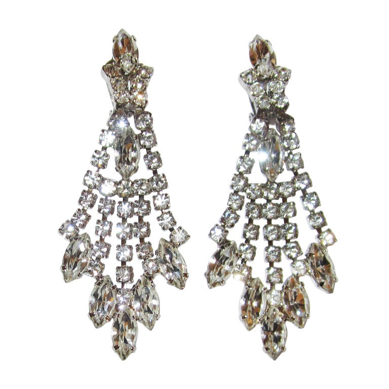 Brilliant Clear Rhinestone Shoulder-Duster Clip-On Earrings For Sale