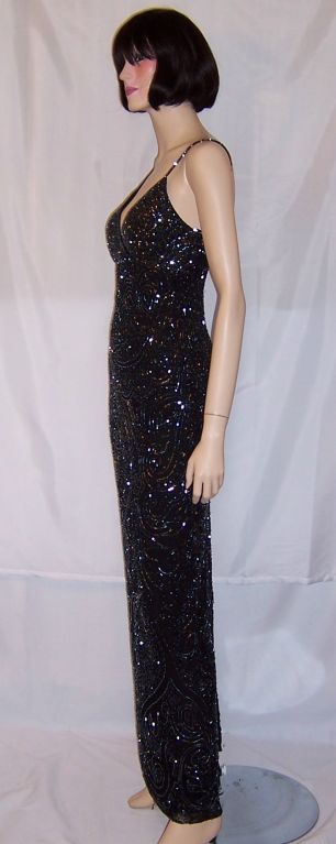 1980's Black Glass Beaded Gown for Saks Fifth Avenue