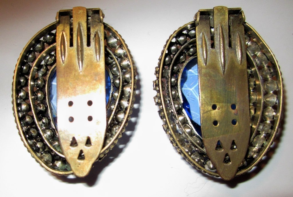 Art Deco Cobalt Blue Rhinestone Dress Clips