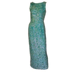 1960's  Viridian Green Beaded & Sequined Gown Made in Hong Kong