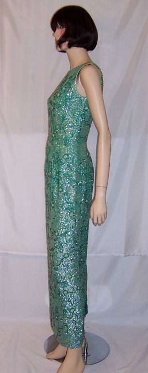 1960's  Viridian Green Beaded & Sequined Gown Made in Hong Kong
