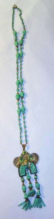 Exquisite 1920's Peking Glass Sautoir with Brass and Enameling