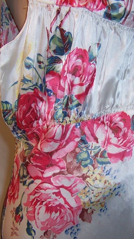 Women's 1930's White Satin Nightgown with Red Cabbage Roses For Sale
