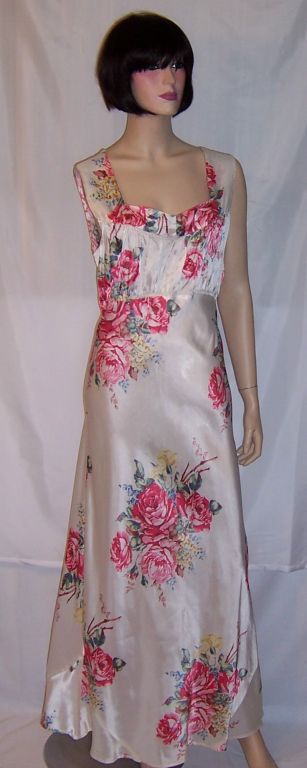 1930's White Satin Nightgown with Red Cabbage Roses For Sale 1
