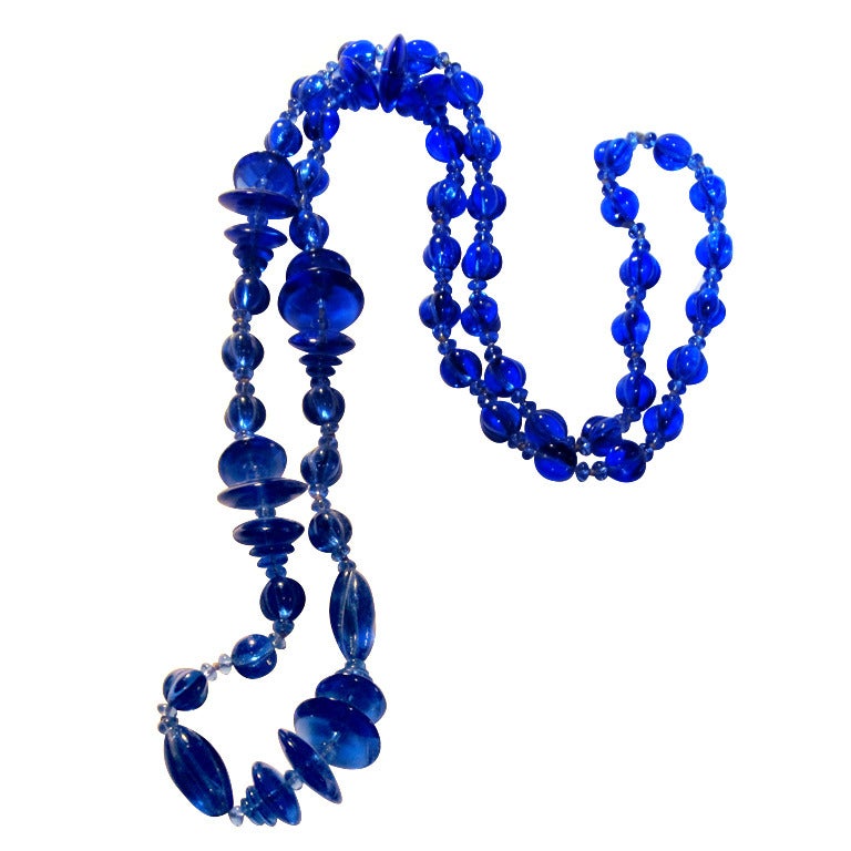 1920's Cobalt Blue Sautoir of Molded/ Poured Glass For Sale
