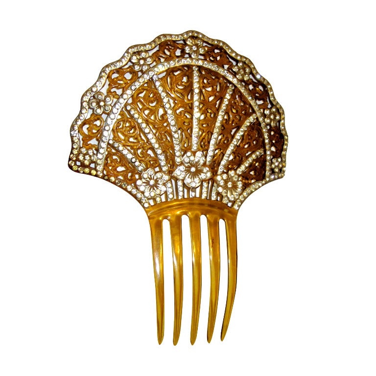 Art Deco Amber-Colored Celluloid Comb with Filigree & Rhinestones For Sale