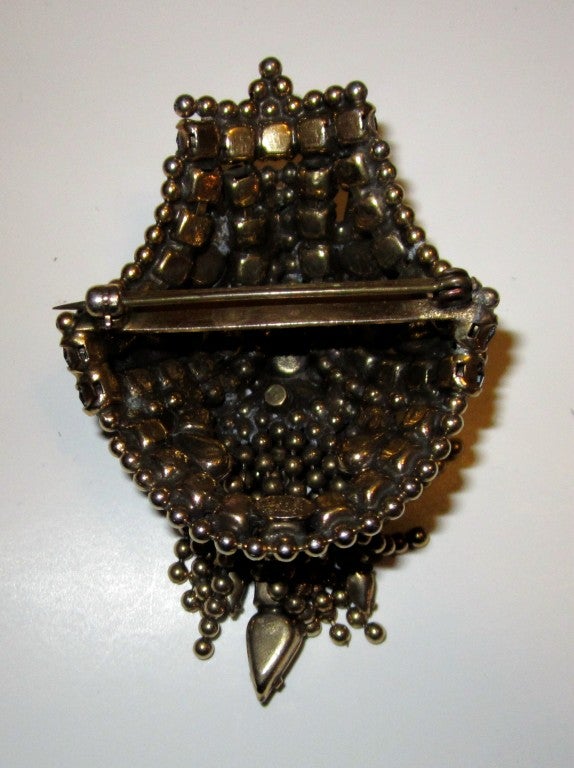 Stunning & Unusual Prussian Blue Rhinestone & Gold Brass Brooch by Kramer