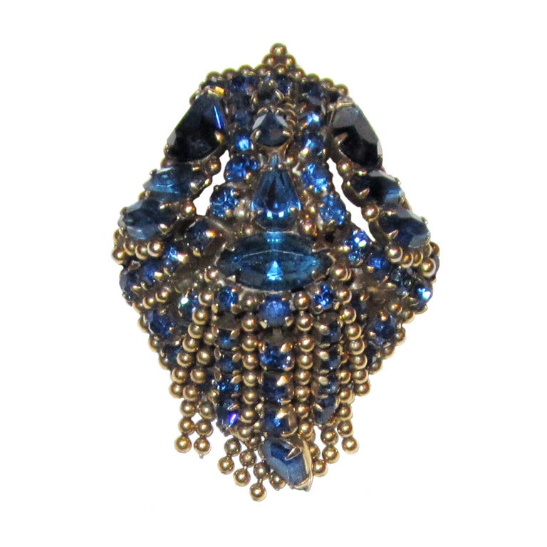 Stunning and Unusual Prussian Blue Rhinestone and Gold Brass Brooch by  Kramer For Sale at 1stDibs