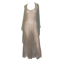 1920's Fine Silver Metallic Lace Gown with Green Chiffon Sashes