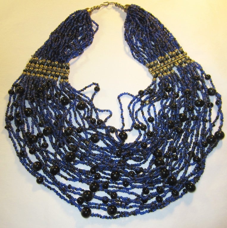 Impressive Cobalt Blue & Black Multi-Strand Glass Beaded Necklace