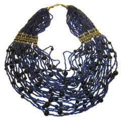 Vintage Impressive Cobalt Blue & Black Multi-Strand Glass Beaded Necklace