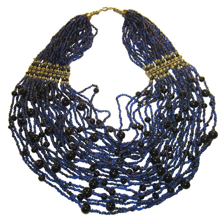 Impressive Cobalt Blue & Black Multi-Strand Glass Beaded Necklace For Sale