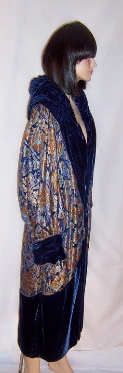 Opulent 1920's Prussian Blue Silk Velvet & Floral Lame Opera Coat For Sale 1