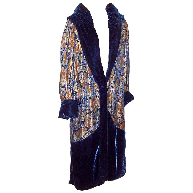 Opulent 1920's Prussian Blue Silk Velvet & Floral Lame Opera Coat For Sale