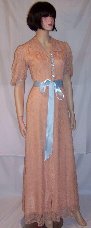 1940's Pink Lace Peignoir with Pale Blue Accents