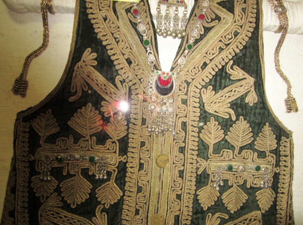Women's or Men's Antique, Museum Quality, Pakistani Embroidered Vest with Gold Embroidery and Jewel Adornments For Sale