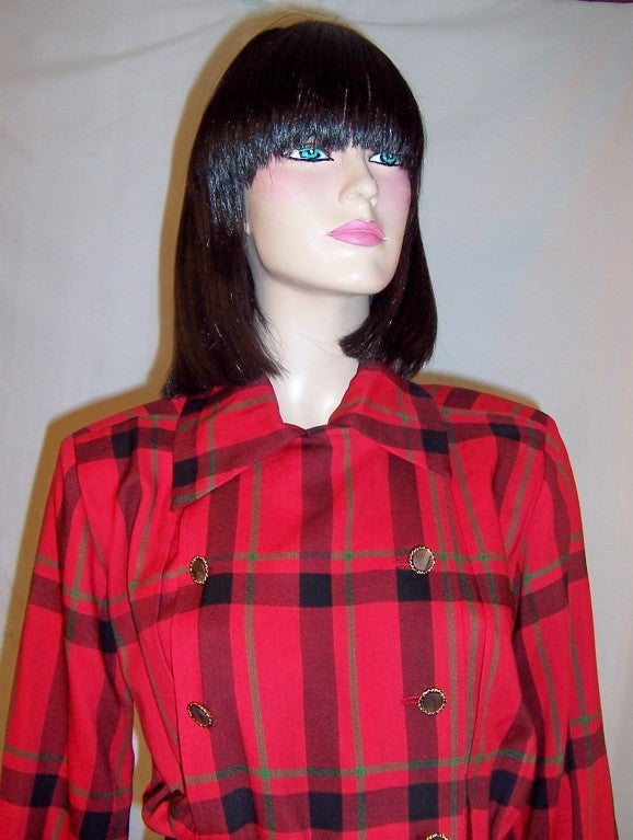 Yves Saint Laurent-Rive Gauche-Red and Black Plaid Dress In Excellent Condition For Sale In Oradell, NJ