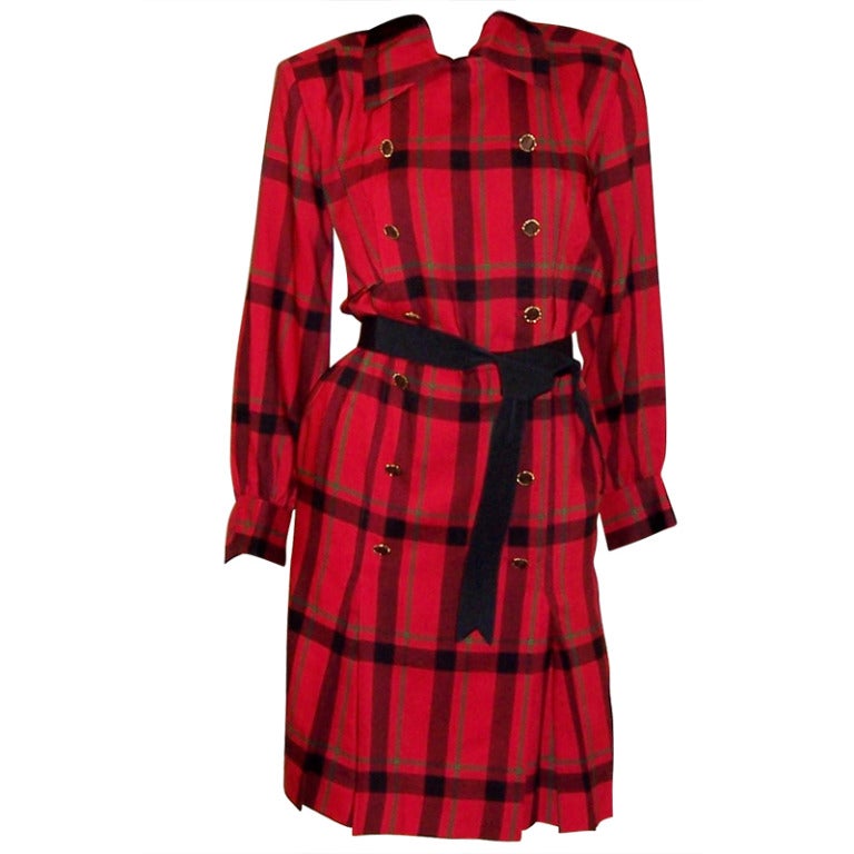 Yves Saint Laurent-Rive Gauche-Red and Black Plaid Dress For Sale