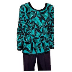 Vintage 1980
s Black and Green Beaded 
Sequined Pullover Blouse