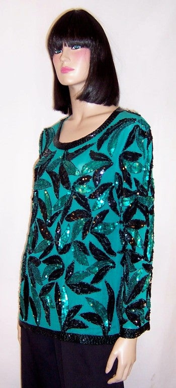 1980's Black and Green Beaded & Sequined Pullover Blouse