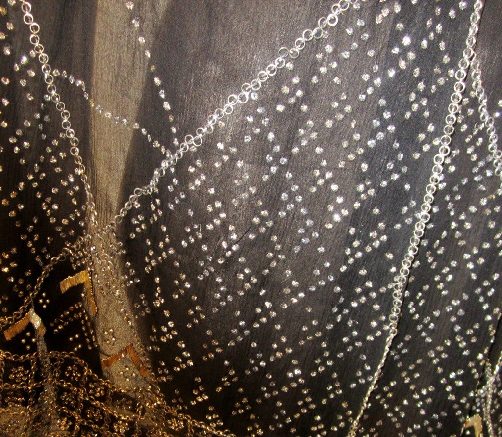 Adrienne Landau Black Chiffon Evening Shawl with Rhinestones & Silver Thread In Excellent Condition For Sale In Oradell, NJ