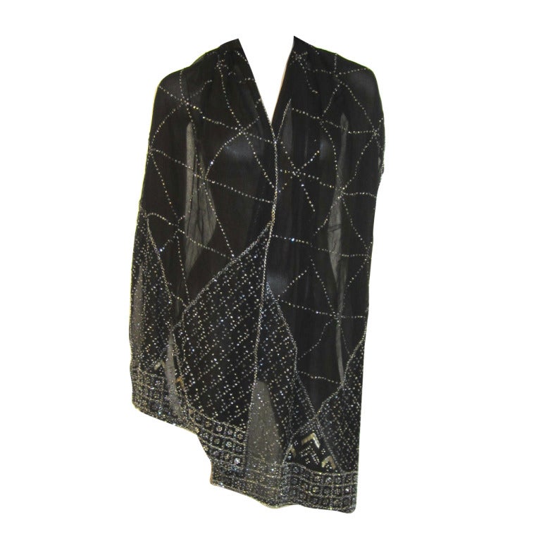 Adrienne Landau Black Chiffon Evening Shawl with Rhinestones & Silver Thread For Sale
