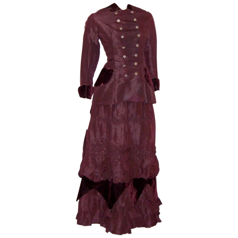 Unusual Victorian Aubergine Silk and Velvet Two Piece Ensemble For Sale