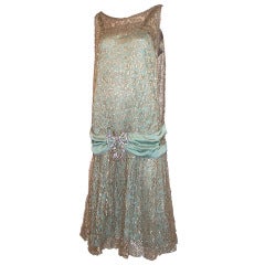 Early 1920's Masterpiece in Gold Metallic Lace & Teal Green Silk