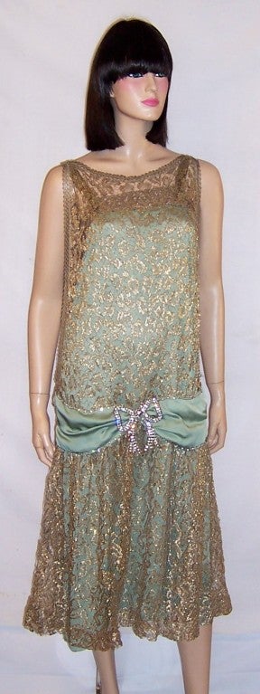 Early 1920's Masterpiece in Gold Metallic Lace & Teal Green Silk In Excellent Condition In Oradell, NJ