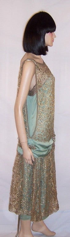 Women's Early 1920's Masterpiece in Gold Metallic Lace & Teal Green Silk