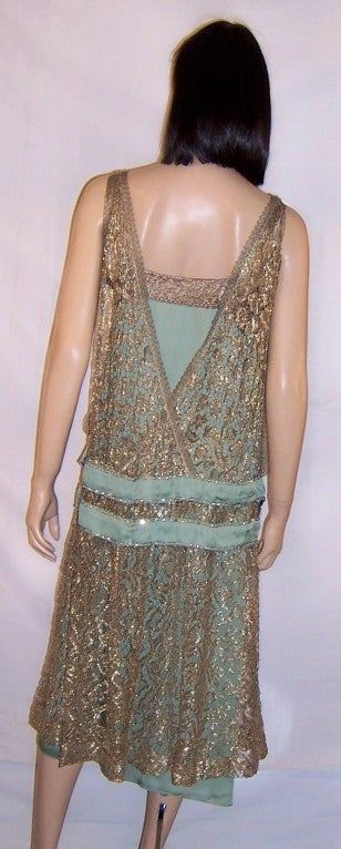 Early 1920's Masterpiece in Gold Metallic Lace & Teal Green Silk 1