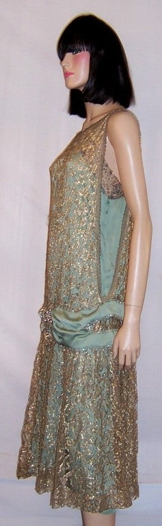 Early 1920's Masterpiece in Gold Metallic Lace & Teal Green Silk 2