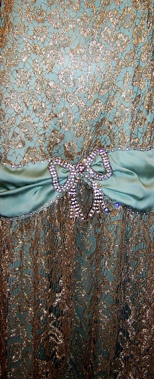 Early 1920's Masterpiece in Gold Metallic Lace & Teal Green Silk 3