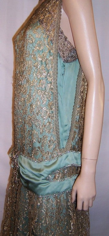 Early 1920's Masterpiece in Gold Metallic Lace & Teal Green Silk 4