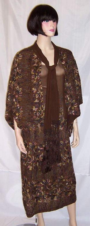 1920's Brown Chiffon Dress & Matching Kimono-Type Jacket 2