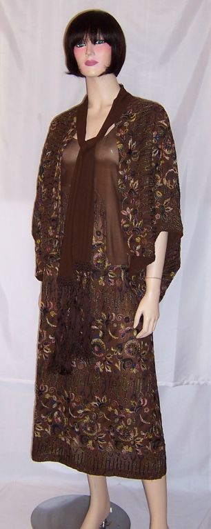 1920's Brown Chiffon Dress & Matching Kimono-Type Jacket 3