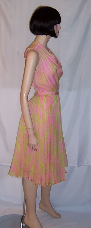 1960's Raspberry Sorbet & Pistachio Green Silk Chiffon Dress