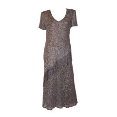 1980's Short Sleeve Metallic Lace Gown with Fringed Apron