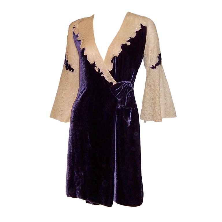 1920's Eggplant Colored Silk Velvet Peignoir with Ecru Lace For Sale