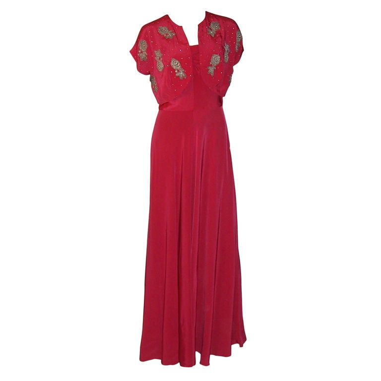 1940
s Cerise Red Sleeveless Gown with Bolero Jacket For Sale