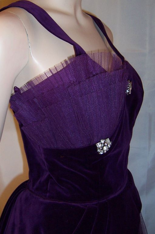 1950's Violet Tulle & Velvet Ball Gown For Sale 3