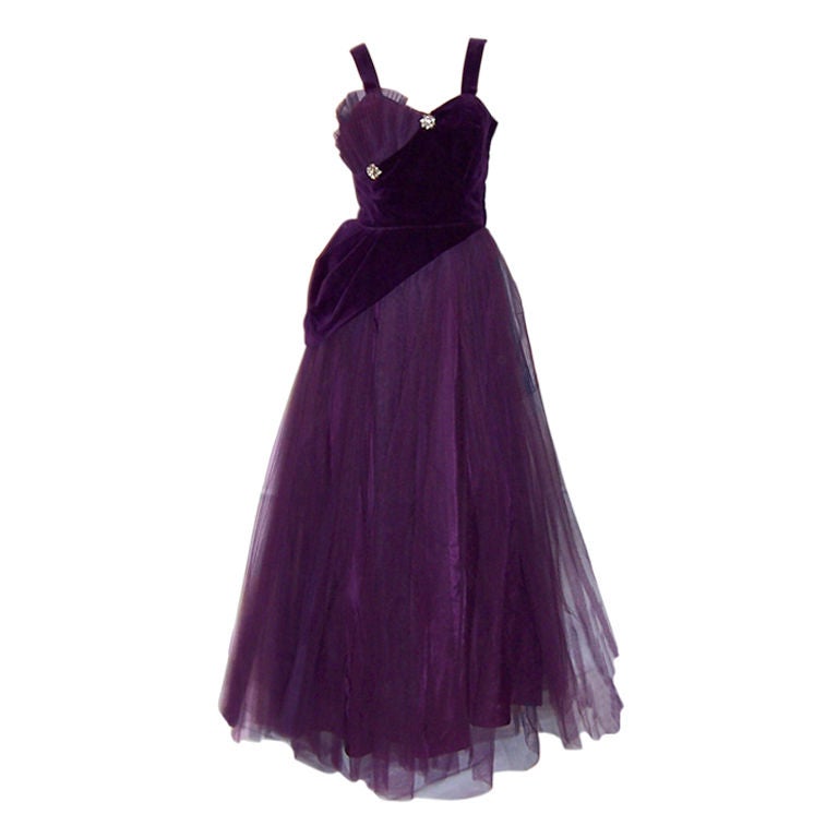 1950's Violet Tulle & Velvet Ball Gown For Sale