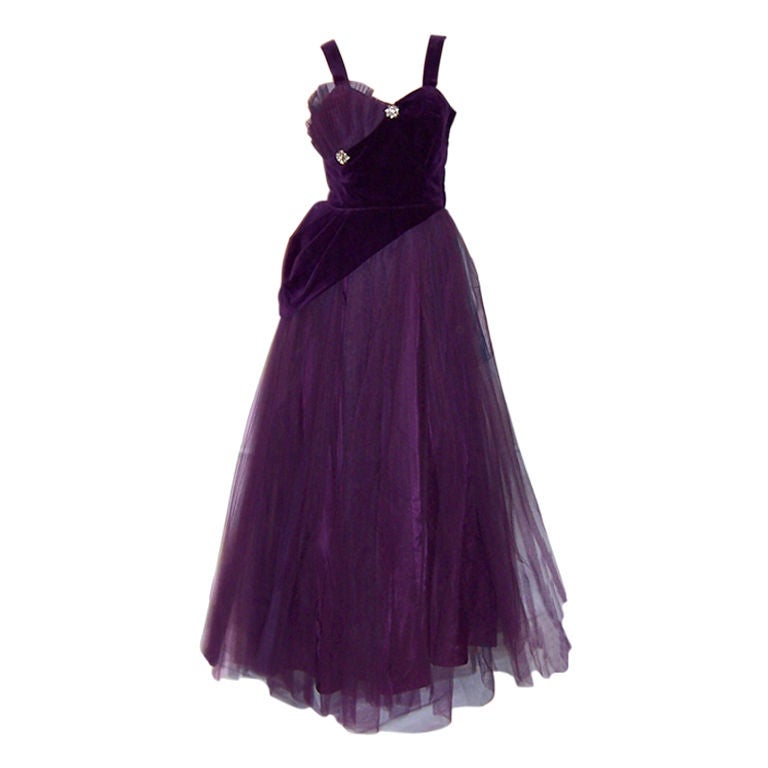 1950's Violet Tulle & Velvet Ball Gown For Sale