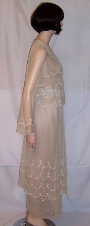 Edwardian Off-White, Tea Gown  with Scalloped Embroidery
