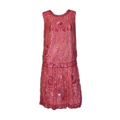 1920's Raspberry Sequined Flapper Dress on Tulle Net