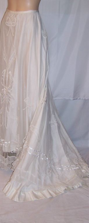 Victorian Long White Skirt with Train with Lace and Appliques