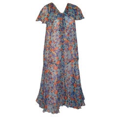 1920's Cobalt Blue & Turquoise Printed  Chiffon Gown