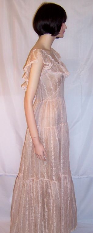 Women's 1930's Pale Pink Organdy, Embroidered Gown with Ruffled Collar For Sale