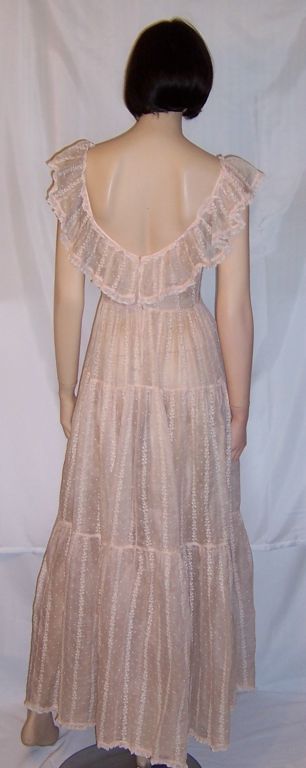 1930's Pale Pink Organdy, Embroidered Gown with Ruffled Collar For Sale 1